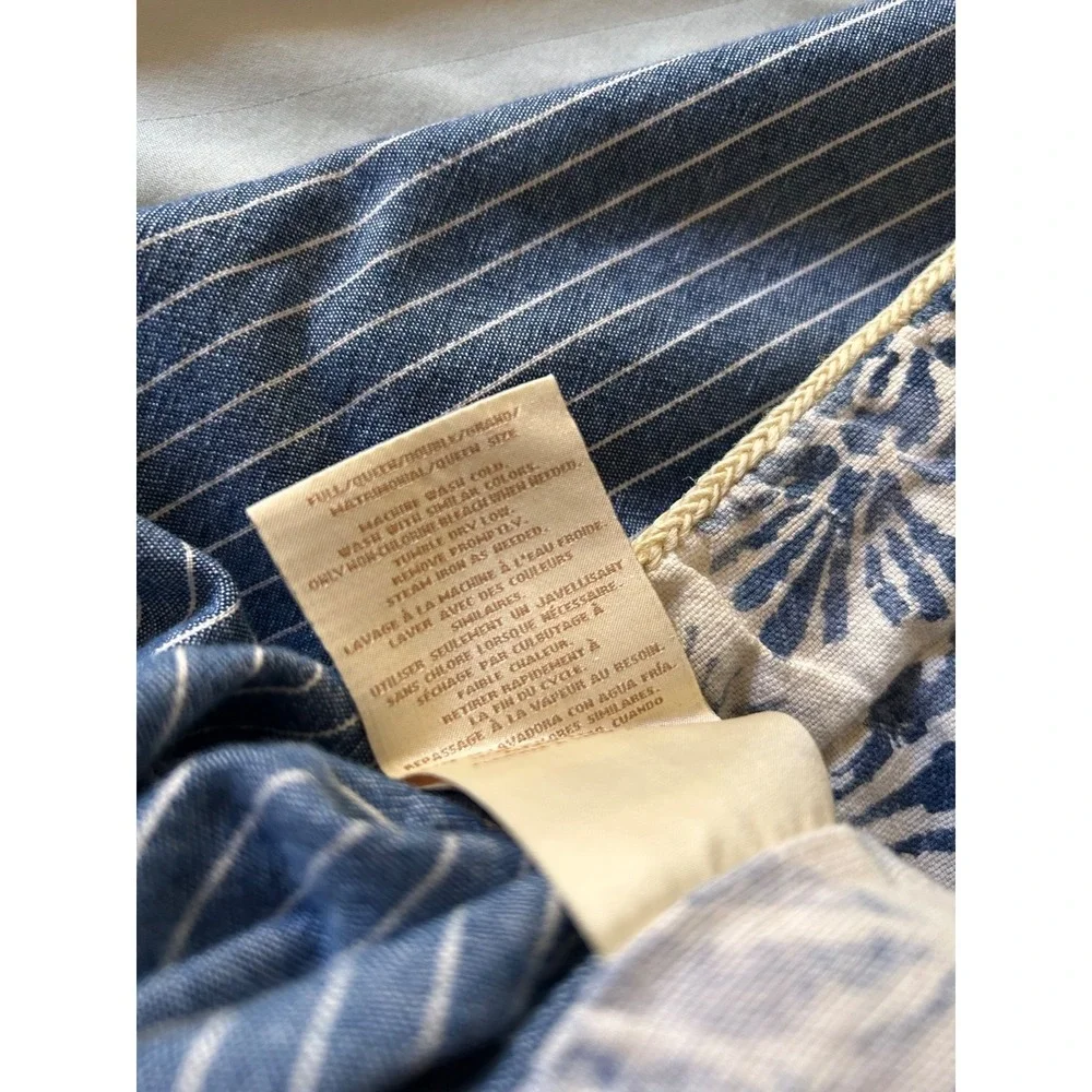 Ralph Lauren Bluff Point Queen Duvet Cover Floral White Blue Stripe Rope Trim‎